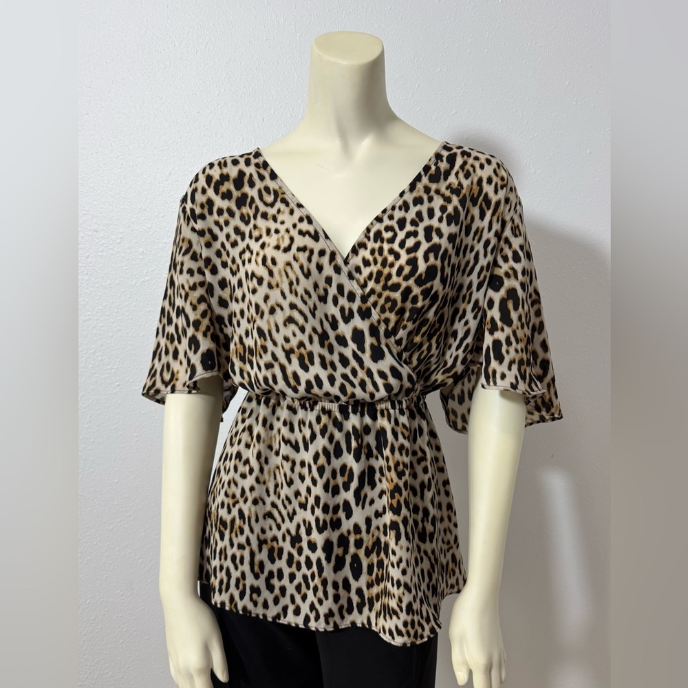 Worthington Leopard Print Flutter Sleeve Peplum Blouse (0X)